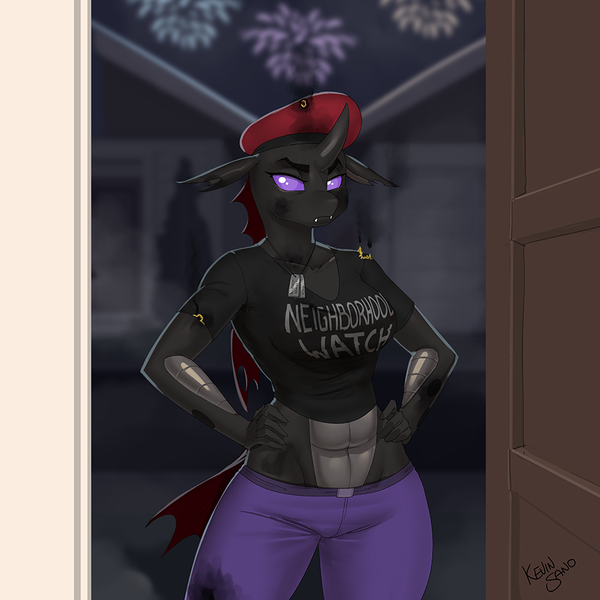 Size: 900x900 | Tagged: safe, alternate version, artist:kevinsano, derpibooru import, pharynx, anthro, changeling, abs, breasts, busty trachea, clothes, dog tags, female, fireworks, hand on hip, house, looking at you, pants, rule 63, shirt, solo, trachea, unamused