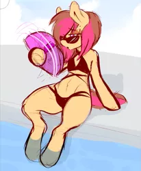 Size: 651x790 | Tagged: artist:fatcakes, bikini, clothes, derpibooru import, explicit source, fan, female, lidded eyes, milf, oc, semi-anthro, sitting, sketch, solo, solo female, suggestive, sunglasses, swimming pool, swimsuit, unofficial characters only