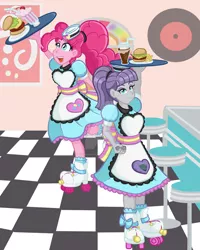 Size: 1024x1280 | Tagged: safe, artist:yoshimarsart, derpibooru import, maud pie, pinkie pie, coinky-dink world, eqg summertime shorts, equestria girls, burger, food, hamburger, milkshake, roller skates, server pinkie pie, tray