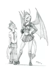 Size: 1000x1309 | Tagged: safe, artist:baron engel, derpibooru import, smolder, spike, anthro, dragon, plantigrade anthro, season 8, book, clothes, cute, dragoness, female, grayscale, legs, male, midriff, miniskirt, monochrome, open mouth, pants, pencil drawing, school uniform, shoes, simple background, skirt, socks, story included, traditional art, white background