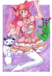 Size: 3301x4761 | Tagged: safe, artist:marinacuz, derpibooru import, gummy, opalescence, pinkie pie, cat ears, cat tail, fashion, lolita fashion