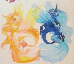 Size: 2495x2146 | Tagged: artist:creeate97, curved horn, derpibooru import, duo, female, mare, merpony, princess celestia, princess luna, royal sisters, safe, seapony celestia, seapony luna, signature, simple background, sisters, smiling, species swap, traditional art, transparent background