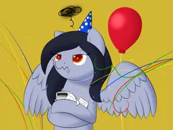 Size: 1600x1200 | Tagged: safe, artist:hartenas, derpibooru import, oc, oc:gloomy mark, unofficial characters only, pegasus, pony, balloon, birthday, female, grumpy, hat, mare, party hat, simple background, solo, streamers