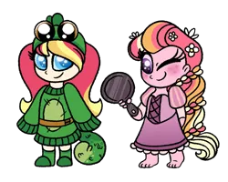 Size: 1000x800 | Tagged: safe, artist:carouselunique, derpibooru import, oc, oc:honeycrisp blossom, oc:ma belle danseuse, unofficial characters only, equestria girls, clothes, costume, duo, freckles, frying pan, offspring, one eye closed, parent:big macintosh, parent:moondancer, parent:prince blueblood, parent:princess cadance, parents:cadmac, parents:moonblood, simple background, tangled (disney), transparent background, wink