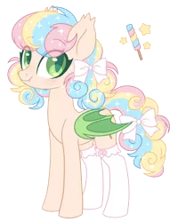 Size: 2031x2545 | Tagged: safe, artist:hawthornss, derpibooru import, oc, oc:pretty pop, unofficial characters only, bat pony, pony, bat pony oc, bat wings, blushing, bow, clothes, colored wings, commission, cute, cutie mark, ear fluff, fangs, female, food, frilly socks, hair bow, lightly watermarked, looking at you, mare, simple background, slit eyes, smiling, socks, solo, standing, tail bow, transparent background, watermark