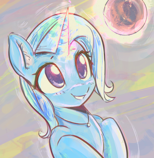 Size: 2352x2420 | Tagged: safe, artist:mirroredsea, derpibooru import, trixie, pony, unicorn, bust, cute, diatrixes, female, glowing horn, hooves to the chest, looking at something, looking up, magic, mare, orb, portrait, smiling, solo