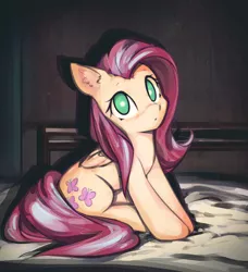 Size: 2707x2971 | Tagged: safe, artist:mirroredsea, derpibooru import, fluttershy, pegasus, pony, bed, colored pupils, cute, female, folded wings, looking at you, mare, shyabetes, sitting, solo