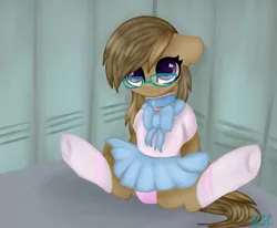 Size: 985x811 | Tagged: suggestive, artist:bybluej, derpibooru import, oc, oc:dawnsong, unofficial characters only, earth pony, pony, adorasexy, blushing, clothes, collar, cute, female, glasses, mare, moe, panties, pink underwear, pleated skirt, ribbon, school uniform, sexy, skirt, skirt lift, socks, solo, solo female, spread legs, spreading, underwear, upskirt, ych result