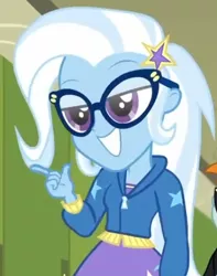 Size: 386x489 | Tagged: safe, derpibooru import, screencap, trixie, best trends forever, equestria girls, equestria girls series, bedroom eyes, best trends forever: twilight sparkle, clothes, cropped, dork, glasses, jacket, looking at you, stars, the great and nerdy trixie