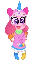 Size: 540x940 | Tagged: safe, artist:carouselunique, derpibooru import, oc, oc:honeycrisp blossom, unofficial characters only, equestria girls, clothes, coat, freckles, lego, mittens, offspring, parent:big macintosh, parent:princess cadance, parents:cadmac, pigtails, simple background, solo, starry eyes, the lego movie, transparent background, twintails, unicorn hat, unikitty, wingding eyes