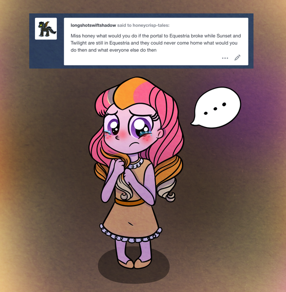 Size: 1047x1069 | Tagged: artist:carouselunique, derpibooru import, female, gradient background, oc, oc:honeycrisp blossom, parent:big macintosh, parent:princess cadance, parents:cadmac, sad, safe, solo