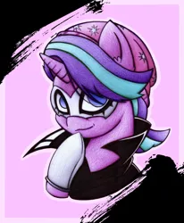 Size: 2170x2630 | Tagged: safe, artist:mustachedbain, derpibooru import, starlight glimmer, pony, bust, crossover, equestria girls outfit, hat, joker (persona), mask, persona, persona 5, ren amamiya, smiling, solo, traditional art