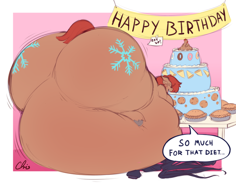 Size: 3300x2550 | Tagged: questionable, artist:nekocrispy, derpibooru import, oc, oc:winterlight, unofficial characters only, pegasus, pony, belly, birthday, cake, clothes, dialogue, fat, food, immobile, impossibly large belly, impossibly large butt, male, morbidly obese, obese, solo, solo male, torn clothes