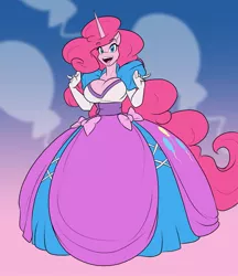 Size: 1105x1280 | Tagged: alicorn, alicornified, anthro, artist:toughset, bow, breasts, busty pinkie pie, cleavage, clothes, commission, cute, cutie mark on clothes, derpibooru import, dress, evening gloves, female, gloves, gown, impossibly large dress, long gloves, long hair, pink, pinkiecorn, pinkie pie, poofy shoulders, race swap, safe, skirt, solo, xk-class end-of-the-world scenario