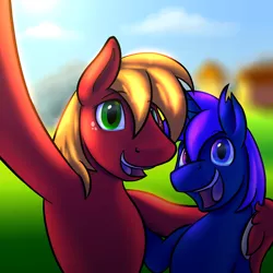 Size: 3000x3000 | Tagged: safe, artist:inlustriusghost, derpibooru import, big macintosh, oc, oc:bright sight, earth pony, pony, unicorn, canon x oc, gay, heterochromia, male, selfie, shipping, side hug, unshorn fetlocks