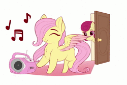 Size: 1000x668 | Tagged: safe, artist:evehly, derpibooru import, edit, fluttershy, posey shy, pegasus, pony, animated, blank flank, colored wings, colored wingtips, cute, dancing, door, duo, eyes closed, female, filly, filly fluttershy, fluttershy's lament, hair over one eye, hnnng, mare, missing accessory, mother and daughter, music, no glasses, radio, shyabetes, simple background, smiling, sound, spread wings, spying, webm, white background, wings, younger