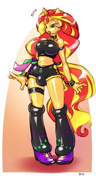 Size: 657x1280 | Tagged: questionable, artist:bose, derpibooru import, sunset shimmer, ponified, anthro, plantigrade anthro, equestria girls, bondage, boots, breasts, clothes, collar, commission, crotch bulge, emoticon, equestria girls ponified, futa, futa sunset shimmer, intersex, latex, latex suit, lidded eyes, midriff, rubber, rubber suit, shiny, shoes, shorts, solo, solo futa, wrist cuffs