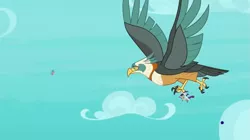 Size: 1221x685 | Tagged: safe, derpibooru import, screencap, rarity, spike, zecora, bird, dragon, pony, roc, zebra, molt down, flying, rukh, spread wings, winged spike, wings