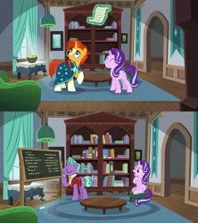 Size: 1920x2160 | Tagged: safe, derpibooru import, edit, edited screencap, screencap, firelight, starlight glimmer, sunburst, pony, unicorn, the parent map, uncommon bond, animation error, chalkboard, comparison, continuity, father and daughter, female, magic, male, mare, stallion, telekinesis