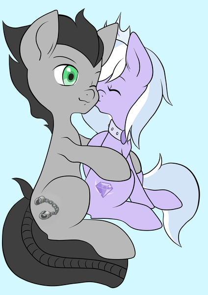 Size: 2480x3507 | Tagged: safe, artist:quila111, derpibooru import, oc, oc:forged steel, oc:glitter jewel, unofficial characters only, earth pony, pegasus, pony, cuddling, female, jeweel, kiss on the cheek, kissing, male, mare, shipping, stallion