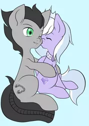 Size: 2480x3507 | Tagged: safe, artist:quila111, derpibooru import, oc, oc:forged steel, oc:glitter jewel, unofficial characters only, earth pony, pegasus, pony, cuddling, female, jeweel, kiss on the cheek, kissing, male, mare, shipping, stallion