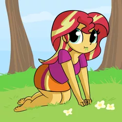 Size: 1650x1650 | Tagged: safe, artist:tjpones, derpibooru import, sunset shimmer, equestria girls, all fours, barefoot, cute, eating, feet, female, grass, grazing, homesick shimmer, humans doing horse things, shimmerbetes, solo, sunset wants her old digestive system back