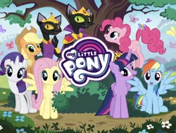 Size: 2048x1536 | Tagged: abyssinian, alicorn, applejack, butterfly, cat, derpibooru import, fluttershy, gameloft, game screencap, loading screen, mane six, my little pony logo, pinkie pie, rainbow dash, rarity, safe, twilight sparkle, twilight sparkle (alicorn)