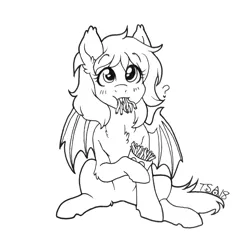 Size: 1200x1200 | Tagged: safe, artist:twisted-sketch, derpibooru import, edit, editor:dsp2003, oc, oc:panne, bat pony, bat pony oc, black and white, commission, cute, daaaaaaaaaaaw, female, food, french fries, grayscale, hoof hold, looking at you, monochrome, question mark, simple background, traditional art, white background