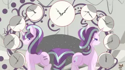 Size: 1920x1080 | Tagged: safe, artist:tohupo, derpibooru import, starlight glimmer, pony, unicorn, clock, duality, female, mare, solo, time, time paradox