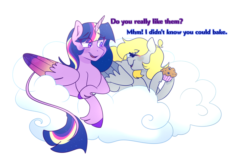 Size: 3212x2123 | Tagged: alicorn, artist:cubbybatdoodles, derpibooru import, derpy hooves, ditzy doo, duo, female, food, leonine tail, lesbian, muffin, safe, shipping, simple background, transparent background, twerpy, twilight sparkle, twilight sparkle (alicorn), unshorn fetlocks