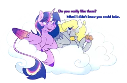 Size: 3212x2123 | Tagged: alicorn, artist:cubbybatdoodles, derpibooru import, derpy hooves, ditzy doo, duo, female, food, leonine tail, lesbian, muffin, safe, shipping, simple background, transparent background, twerpy, twilight sparkle, twilight sparkle (alicorn), unshorn fetlocks