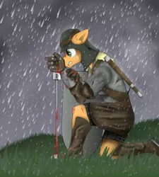 Size: 800x889 | Tagged: anthro, applejack, armor, artist:zeronitroman, blood, derpibooru import, field, grass, helmet, plantigrade anthro, rain, semi-grimdark, shield, solo, sword, teary eyes, weapon, wounded warriors