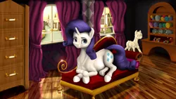 Size: 3840x2160 | Tagged: safe, artist:samum41, derpibooru import, rarity, pony, unicorn, adorkable, carousel boutique, couch, cupboard, curtains, cute, dork, dummy, fabric, fainting couch, female, interior, looking at you, lying, mannequin, needle, ponyquin, ponyville, realistic anatomy, reflection, room, scroll, smiling, solo, spool, thread, uncanny valley, window