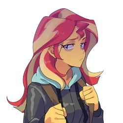 Size: 2550x2550 | Tagged: safe, artist:rustyartist, derpibooru import, sunset shimmer, equestria girls, backpack, bags under eyes, clothes, female, looking at you, simple background, solo, sweater, transparent background