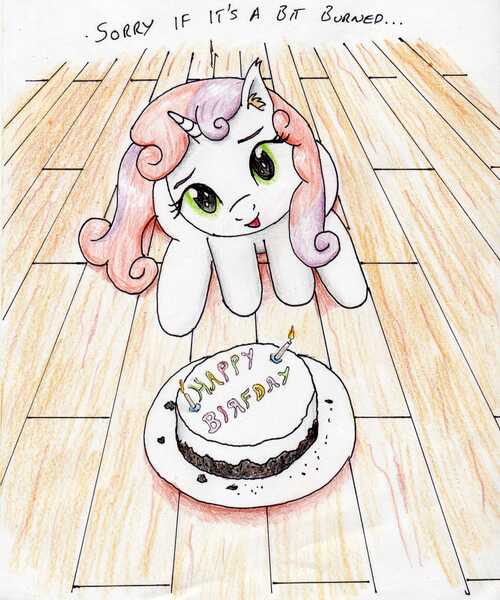 Size: 2448x2939 | Tagged: safe, artist:40kponyguy, derpibooru import, sweetie belle, unicorn, badgingbadger, birthday, cake, candle, cooking, cute, diasweetes, ear fluff, female, filly, fire, food, happy birthday, head tilt, high res, looking at you, looking up, misspelling, solo, sweetie belle can't cook, sweetie fail, traditional art, wooden floor