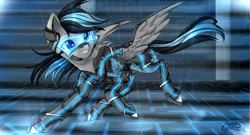 Size: 1920x1040 | Tagged: safe, artist:wolfchen999, derpibooru import, oc, unofficial characters only, pegasus, pony, grid, male, powersuit, solo, tron, visor
