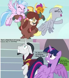 Size: 1280x1440 | Tagged: alicorn, chancellor neighsay, derpibooru import, derpy hooves, edit, edited screencap, my little pony: the movie, not what it looks like, safe, school daze, screencap, silverstream, smolder, text, twilight sparkle, twilight sparkle (alicorn), yona