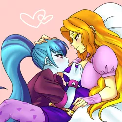 Size: 1000x1000 | Tagged: suggestive, artist:raika0306, derpibooru import, adagio dazzle, sonata dusk, equestria girls, rainbow rocks, blushing, breast fondling, breast grab, breasts, busty adagio dazzle, clothes, female, fingerless gloves, gloves, grope, lesbian, shipping, sonagio, spiked wristband, tights, wristband