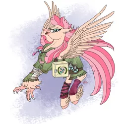 Size: 2000x2000 | Tagged: artist:sourcherry, bottle, classical hippogriff, clothes, derpibooru import, fallout equestria, feathered fetlocks, female, fluttershy medical saddlebag, glasses, hippogriff, jewelry, leg warmers, medic, medical saddlebag, medicine, necklace, oc, open mouth, potion, potions, saddle bag, safe, solo, spread wings, unofficial characters only, wings
