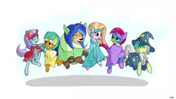 Size: 6400x3600 | Tagged: safe, artist:maneingreen, derpibooru import, gallus, ocellus, sandbar, silverstream, smolder, yona, changedling, changeling, classical hippogriff, dragon, earth pony, gryphon, hippogriff, pony, yak, horse play, acting, clothes, cloven hooves, costume, dancing, dragoness, fake beard, fake ears, fake horn, female, happy, male, performance, simple background, star swirl the bearded costume, student six, teenager, white background, wig