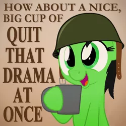 Size: 680x680 | Tagged: safe, anonymous artist, artist:zutheskunk edits, derpibooru import, edit, oc, oc:anonfilly, earth pony, pony, coffee, coffee mug, cup, drama, drinking, female, filly, helmet, holding, mug, parody, reaction image, smiling, solo, stfu, text, vector