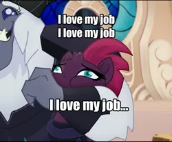 Size: 983x813 | Tagged: bear hug, broken horn, cropped, derpibooru import, edit, edited screencap, emily blunt, hug, meme, my little pony: the movie, safe, screencap, solo focus, storm king, tempest shadow, the devil wears prada, voice actor joke