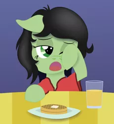 Size: 4000x4320 | Tagged: safe, artist:anonymousdrawfig, derpibooru import, oc, oc:anonfilly, unofficial characters only, breakfast, clothes, cute, female, filly, floppy ears, food, glass, juice, lidded eyes, milk, orange juice, pajamas, plate, solo, table, tired, waffle, yawn