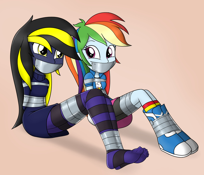 Size: 1400x1200 | Tagged: questionable, artist:nivek15, derpibooru import, rainbow dash, oc, oc:shadow thunder, equestria girls, arm behind back, bondage, boots, clothes, compression shorts, duct tape, equestria girls-ified, feet, gag, hands behind back, looking at each other, missing shoes, pantyhose, shoes, shorts, skirt, socks, striped pantyhose, tape bondage, tape gag, upskirt denied