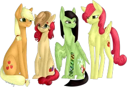 Size: 1553x1061 | Tagged: safe, artist:sychia, derpibooru import, applejack, strawberry sunrise, oc, oc:apple berry, oc:white lilly, earth pony, pegasus, pony, icey-verse, accessory swap, applejack's hat, applerise, chest fluff, cowboy hat, cute, ear piercing, earring, eyebrow piercing, eyeshadow, family, female, glasses, grumpy, hat, jackabetes, jewelry, lesbian, magical lesbian spawn, makeup, mare, ocbetes, offspring, parent:applejack, parent:strawberry sunrise, parents:applerise, piercing, simple background, tattoo, transparent background, unamused