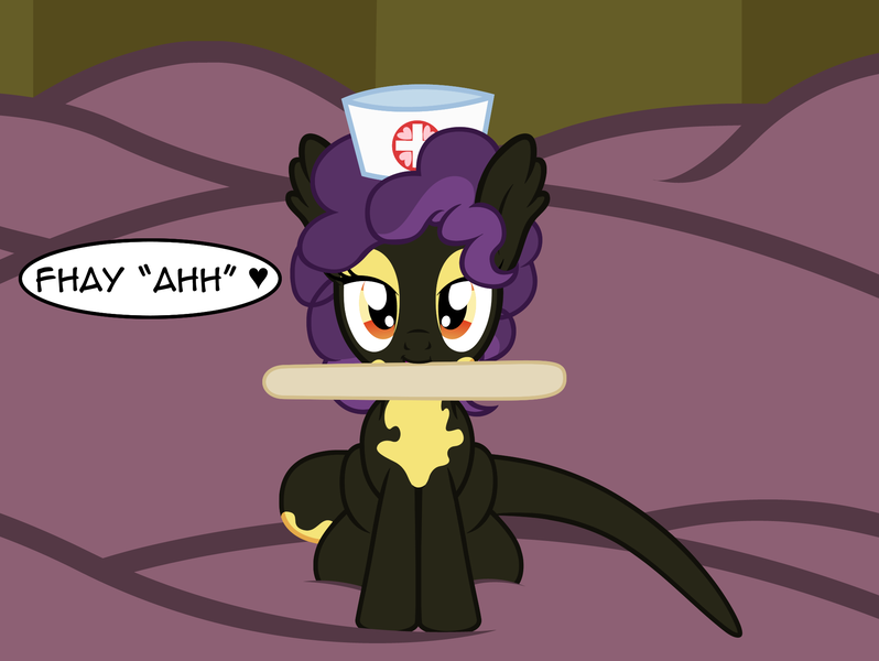 Size: 2037x1531 | Tagged: safe, artist:badumsquish, derpibooru import, lolli love, nurse heartstick, alp-luachra, original species, bed, bedroom eyes, cute, dialogue, female, hat, heart, hospital, implied orifice invasion, looking at you, nurse, nurse hat, offscreen character, pov, sitting, smiling, solo, story, talking to viewer, tongue depressor