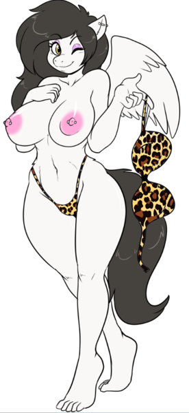 Size: 429x931 | Tagged: anthro, anthro oc, areola, artist:skidd, belly button, big areola, big breasts, bikini, breasts, clothes, derpibooru import, feet, female, huge breasts, leopard print, nipple piercing, nipples, nudity, oc, oc:carrera sky, one eye closed, partial nudity, pegasus, piercing, plantigrade anthro, questionable, solo, solo female, source needed, swimsuit, thong swimsuit, topless, wink