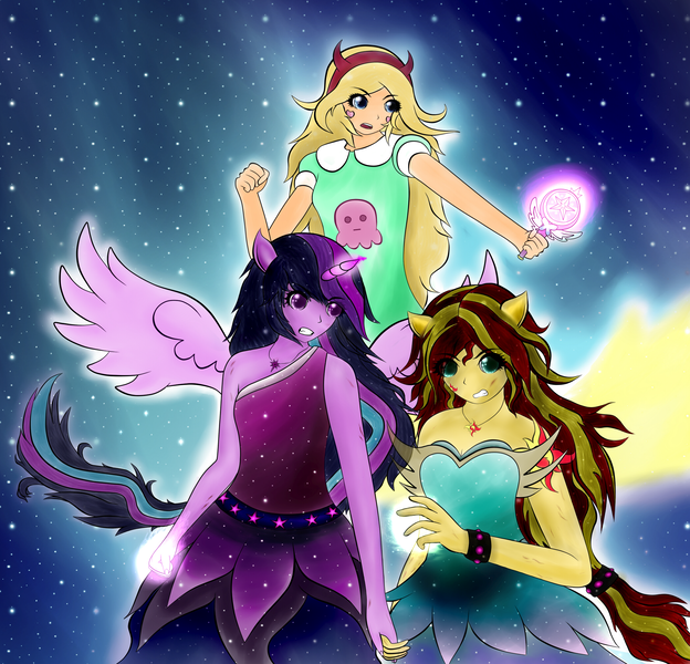 Size: 2092x2010 | Tagged: safe, artist:marcyeveret, derpibooru import, sunset shimmer, twilight sparkle, equestria girls, bracelet, bruised, clothes, crossover, cutie mark, cutie mark on equestria girl, dress, female, high res, holding hands, horned humanization, jewelry, lesbian, ponied up, shipping, spiked wristband, star butterfly, star vs the forces of evil, studded bracelet, sunsetsparkle, wristband