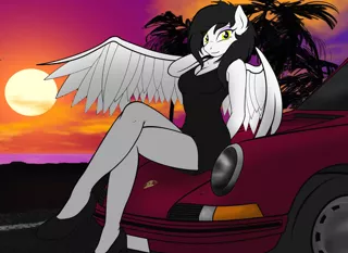 Size: 1280x930 | Tagged: anthro, artist needed, black dress, breasts, car, cleavage, clothes, derpibooru import, digital art, dress, female, high heels, little black dress, looking at you, mare, oc, oc:carrera sky, pegasus, pinup, plantigrade anthro, porsche, porsche 911, safe, shoes, sitting, solo, source needed, sun, sunset, unofficial characters only