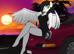 Size: 1280x930 | Tagged: anthro, artist needed, black dress, breasts, car, cleavage, clothes, derpibooru import, digital art, dress, female, high heels, little black dress, looking at you, mare, oc, oc:carrera sky, pegasus, pinup, plantigrade anthro, porsche, porsche 911, safe, shoes, sitting, solo, source needed, sun, sunset, unofficial characters only